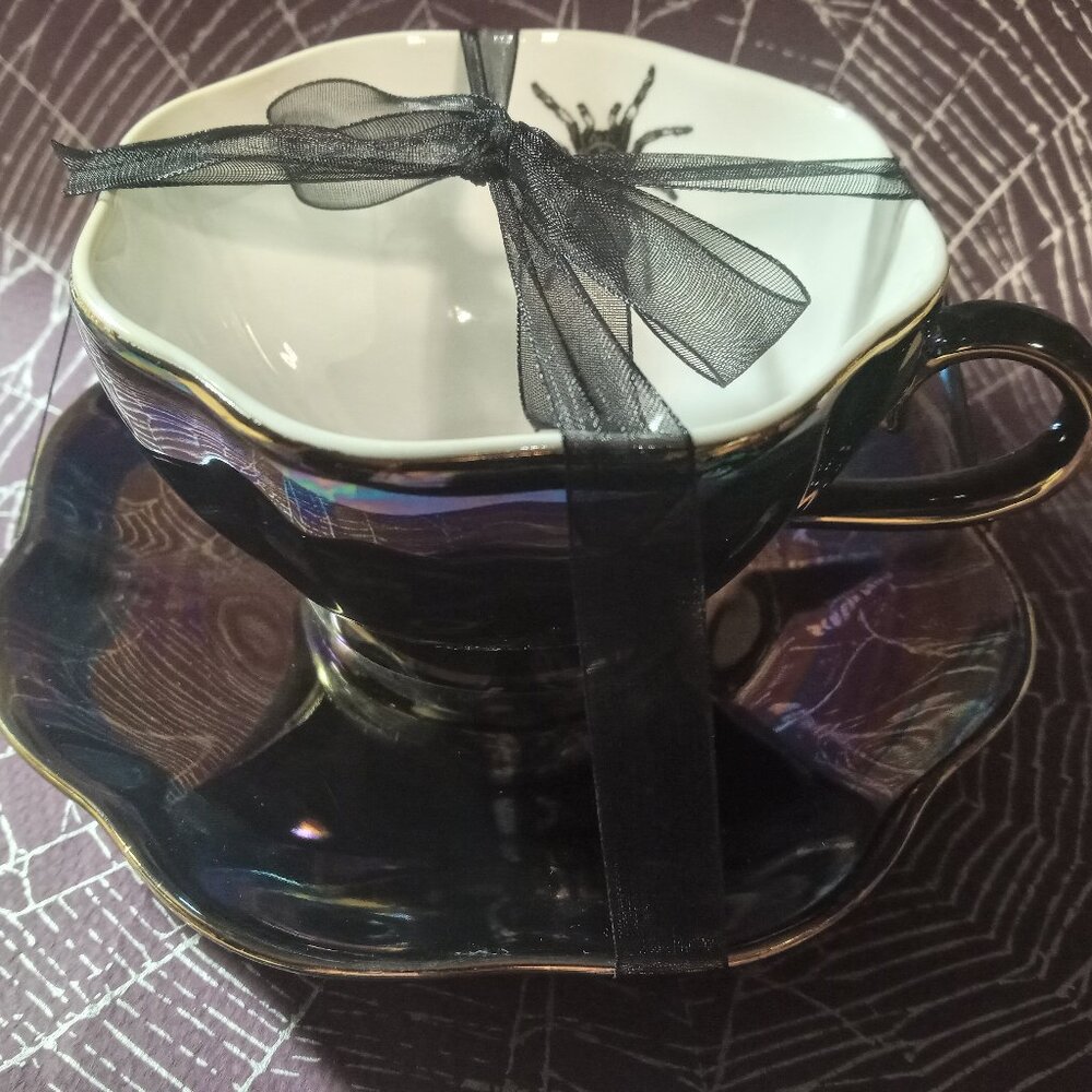 Black Gold Park Chateau Tea Cup and Saucer featuring spider - Goth, Halloween